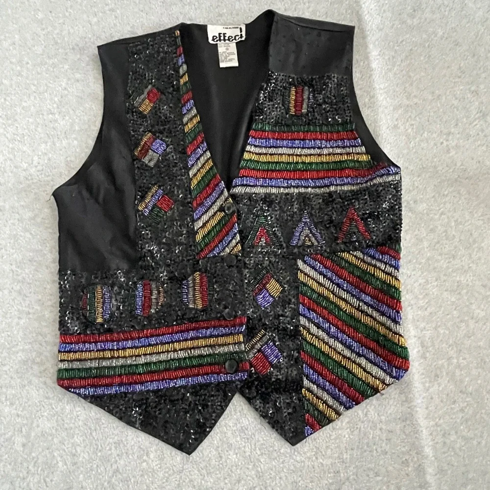 Effeci Black Beaded Sequin Vest Small Artsy Tribal Geo Party Top Boho Festival‎